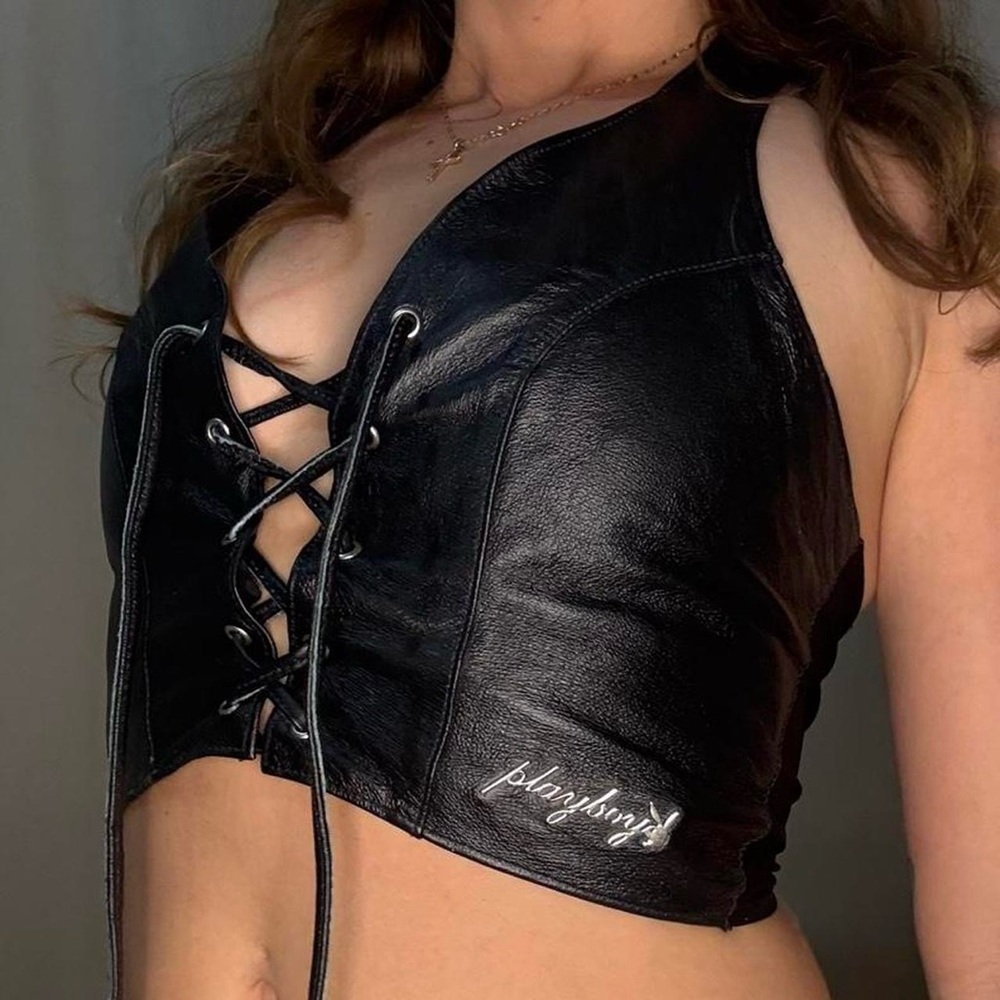 Vintage Playboy Black Leather Halter Top with Laces